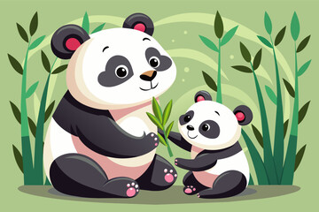 A mother panda tenderly feeding bamboo to her adorable cub, sharing a moment of affection
