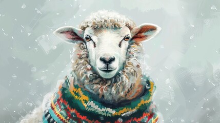 adorable fluffy sheep wearing traditional icelandic sweater cute animal portrait digital painting - obrazy, fototapety, plakaty