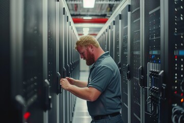 A data center technician troubleshooting a row of servers.
