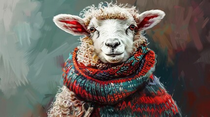 adorable fluffy sheep wearing traditional icelandic sweater cute animal portrait digital painting