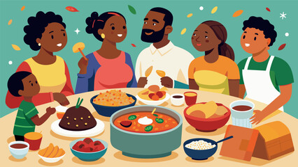 The Juneteenth Soul Food Feast brings together the community over traditional dishes like red beans and rice fried okra and sweet potato casserole.. Vector illustration
