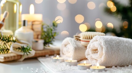Fototapeta na wymiar Luxury Spa: A beautifully arranged spa accompanied by spa essentials like candles and aromatherapy oils