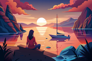 A moment of solitude, with a girl watching the sunset, her boat anchored in a secluded bay