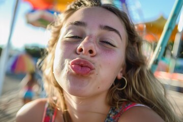 Obraz premium A young woman giving a kiss to the camera.