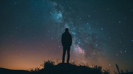 Fototapeta premium adventurer gazing at starry night sky aweinspiring scene