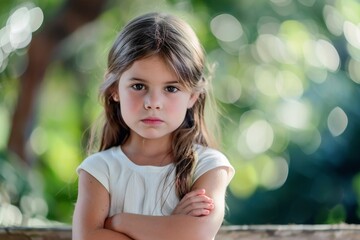 An offended little girl with her arms crossed.