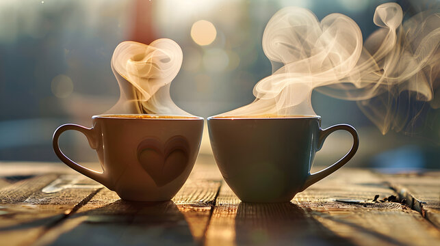 Two coffee cups with steam forming a heart on a wooden surface, ideal for events related to love and affection.
