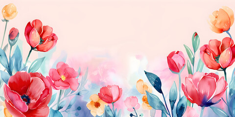 Watercolor floral banner with vibrant flowers and space for text, ideal for Mother's Day or springtime events.