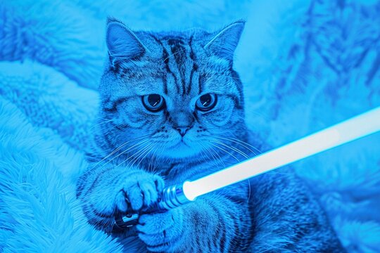 A cat with a lightsaber, adding a touch of fantasy and whimsy to the scene