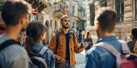 Tour guide leading a group of visitors to tourist attractions, giving them information and insights, pointing at local architecture.