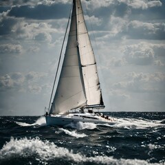 A yacht is sailing dangerously on high waves in the summer sea.