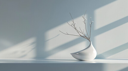 A white vase with a branch in it sits on a shelf