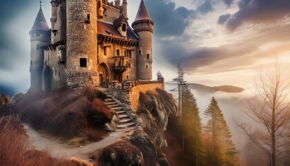 a photo of a steampunk stone castle, sitting above a barren forest with dramatic skies