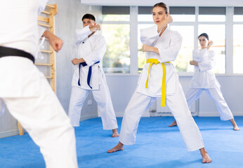 Team of athletic people in kimonos try new fighting techniques at karate lessons © JackF