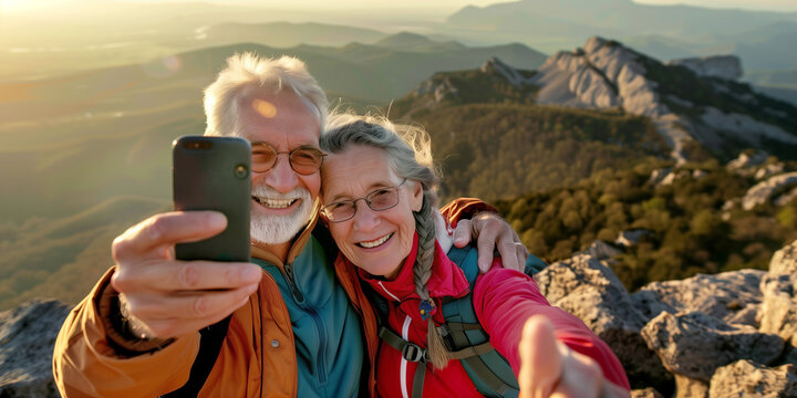 Cheerful senior hiker couple taking a selfie atop of a mountain they just hiked. Adventurous elderly man and woman with backpacks. Hiking and trekking on a nature trail.