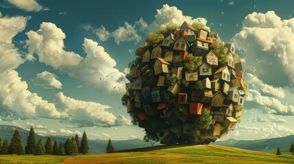 illustration, ball consisting of houses rolls down a meadow, concept: Downturn, slowdown in real estate sector, 16:9 - obrazy, fototapety, plakaty
