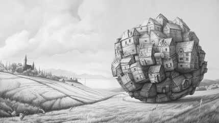  realistic pencil drawing, ball consisting of houses rolls down a meadow, concept: Downturn, slowdown in real estate sector, 16:9 - obrazy, fototapety, plakaty