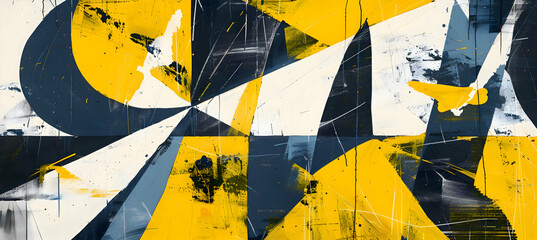 Abstract art featuring a dynamic interplay of sharp geometric forms and flowing lines, depicted in striking lemon yellow and indigo, styled to resemble an HD photograph