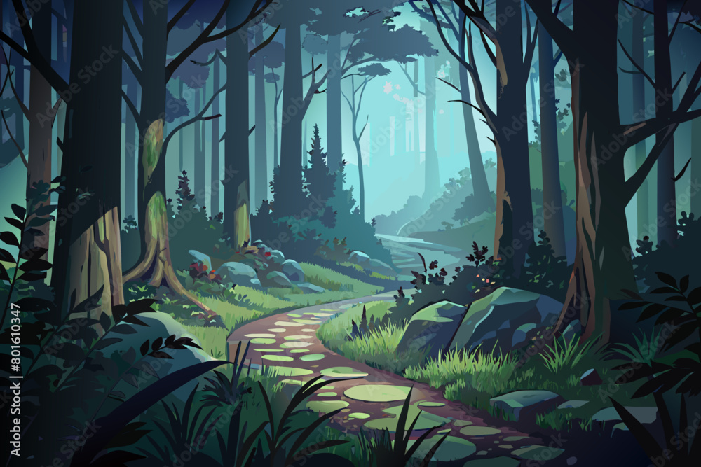 Poster A misty forest path winding through dense undergrowth, with shadows dancing in the fog and creating an eerie and enchanted ambiance