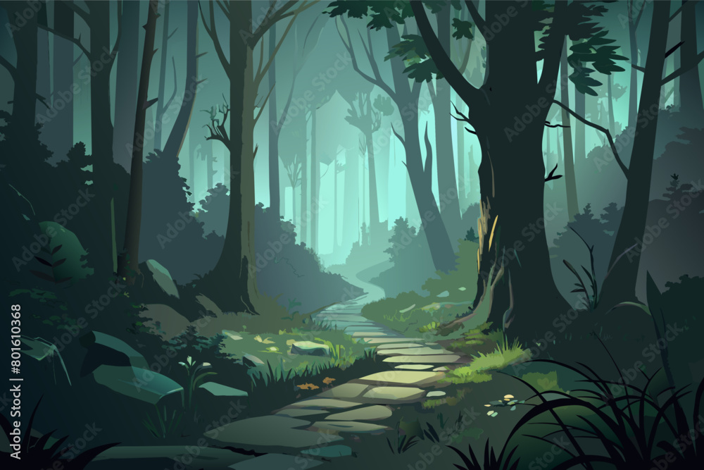Poster A misty forest path winding through dense undergrowth, with shadows dancing in the fog and creating an eerie and enchanted ambiance