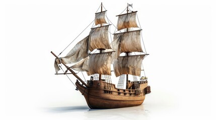 antique wooden pirate ship sailing on calm seas isolated on white 3d rendering