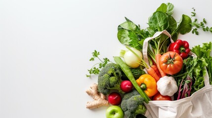 Paper bag with vegetables and fruits of healthy food delivery on white background. AI generated