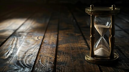 antique hourglass on dark wooden floor concept of time passing low key lighting
