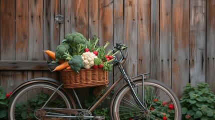 Fototapeta na wymiar Fresh vegetables on an old bicycle in the home garden. Generative AI