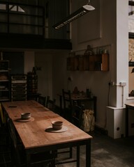 Aesthetic pottery workshop table, interior design