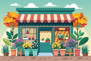 a cartoon illustration of a house with flowers and a fire place.