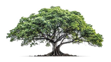 A large, old tree with a thick trunk and branches covered in green leaves.