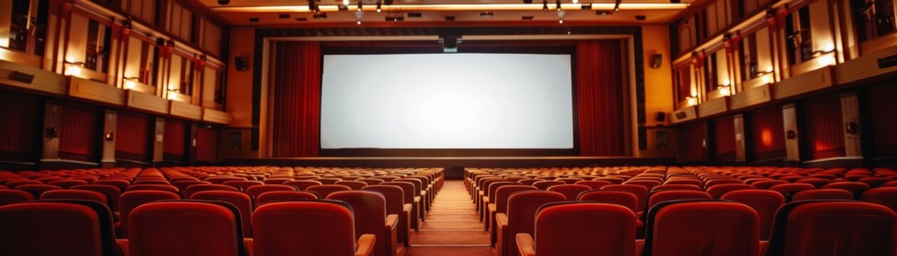 An empty movie theater with red seats and a white screen