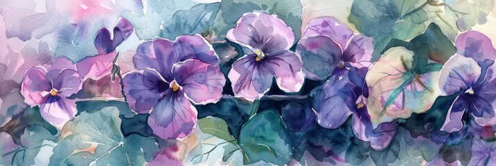 A watercolor painting of purple violets with green leaves.