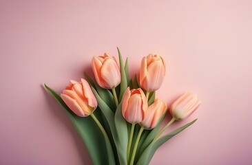 Obraz premium A bouquet of peach-fuzz color tulips is arranged on a peach-fuzz background. The flowers are the main focus of the image, and they create a sense of warmth and happiness. Top view flatlay. 