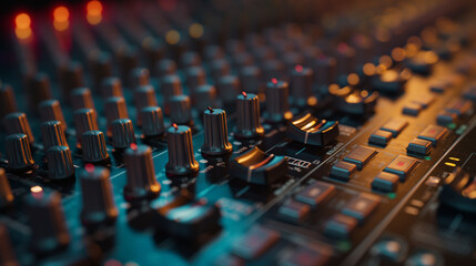 Obraz premium Zooming in on the mixing console, the close-up shot highlights the intricate details of the control surface, a canvas for sonic sculpting, as a sound engineer delicately shapes the
