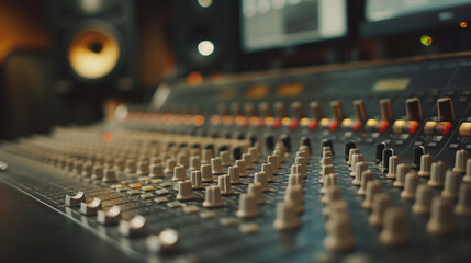The camera focuses on the close-up view of the mixing console, capturing the interplay of light and shadow on its sleek surface, a testament to the artistry of audio production, as