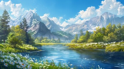 beautiful summer landscape with river and mountains idyllic countryside painting