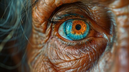 Macro of a wise old woman eye with wrinkles, capturing the essence of wisdom and experience
