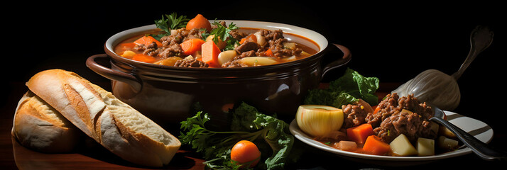 A savory and satisfying bowl of beef and vegetable soup with crusty bread.