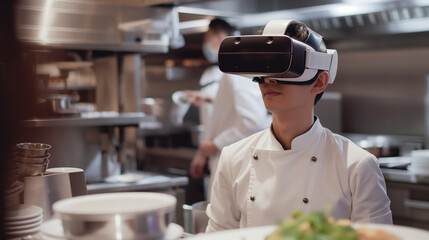 In the heart of the restaurant kitchen, the cook wears VR glasses, their focus unwavering as they follow step-by-step instructions, their movements guided by virtual reality as the
