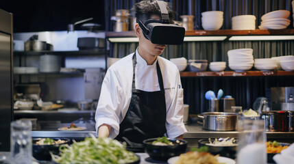 With VR glasses guiding their every move, the cook stands at their station, their mind fully engaged in the virtual culinary landscape as they experiment with fusion flavors and av