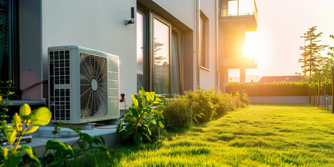 Air source heat pump installed on the wall of residential building in summer morning light.