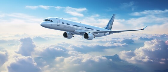 Obraz premium Passengers commercial airplane flying above clouds in sun light. Concept of fast travel, holidays and business.
