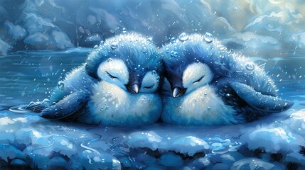 Obraz premium Two penguins cuddle in water with heads touching, as if kissing