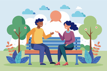 A minimalist park bench where two strangers strike up a conversation, breaking down social barriers.