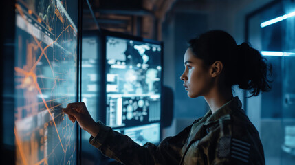 With the glow of digital displays illuminating the room, the young woman in uniform stands at the interactive whiteboard, her voice commanding as she outlines contingency plans and