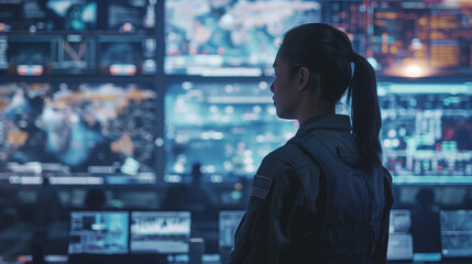 With the glow of digital displays illuminating the room, the young woman in uniform stands at the interactive whiteboard, her voice commanding as she outlines contingency plans and