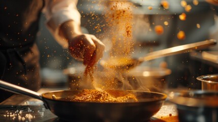 Closeup a chef sprinkling spices powder on food at dish in kitchen restaurant. AI generated image