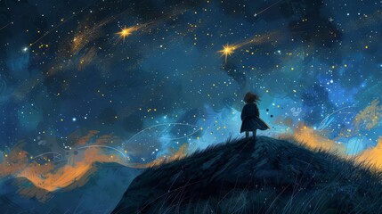 brave girl gazing at shooting stars on hilltop dreaming big digital painting
