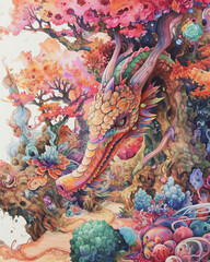 Abstract world, dragons. Unbelievably detailed very colorful, watercolor painting